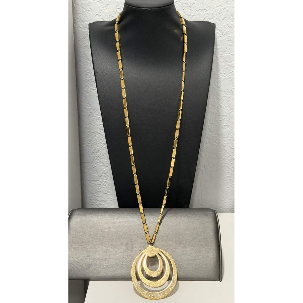 MONET Vintage Gold Tone Geometric Triple Hoop Pendant Long Necklace 30"
